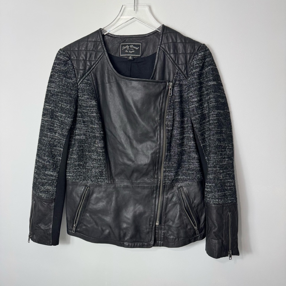 Lucky Brand Women’s Leather Mixed Media Motorcycle Medium Jacket
